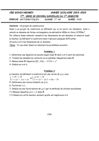 Première page de Mathématiques 1ère A & B — 1er devoir surveillé, 1er semestre (2023-2024) · CEG GOHO