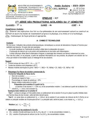 Première page de PCT Tle D — 1re production scolaire, 1er semestre (2023-2024) · CEG1 Ikpinlè
