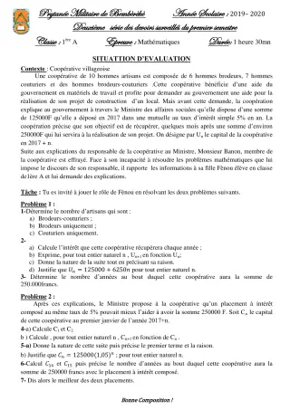 Première page de Mathématiques 1ère A — 2e devoir surveillé, 1er semestre (2019-2020) · PMB