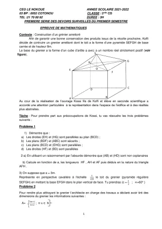 Première page de Mathématiques 2nde C, 2nde D — 1er devoir surveillé, 1er semestre (2021-2022) · CEG LE NOKOUE