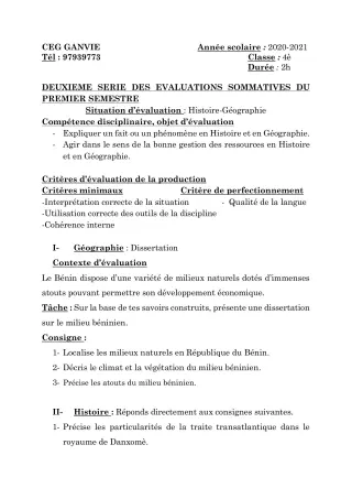 Première page de Histoire-Géographie 4e — 2e évaluation sommative, 1er semestre (2020-2021) · CEG Ganvié