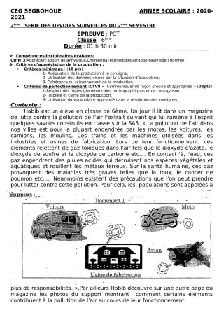 Première page de PCT 6e, 5e, 4e, 3e, 2nde D — Devoir surveillé, 2e semestre (2020-2021) · CEG SEGBOHOUE