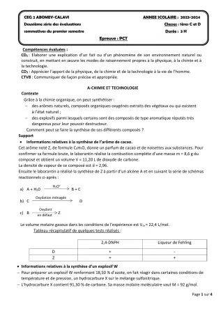 Première page de PCT 1ère D — 2e évaluation sommative, 1er semestre (2023-2024) · CEG2 ABOMEY - CALAVI (CEG ZOCA)
