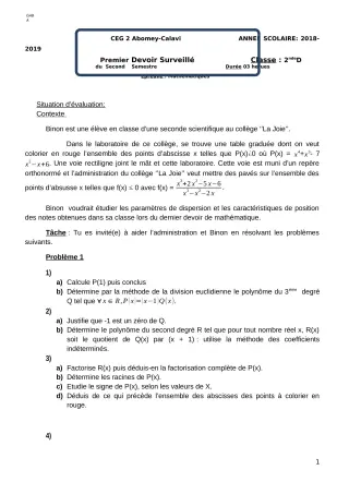 Première page de Mathématiques 2nde D — 1er devoir surveillé, 2e semestre (2018-2019) · CEG2 ABOMEY - CALAVI (CEG ZOCA)