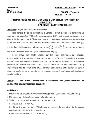 Première page de Mathématiques Tle A1, Tle A2, Tle B — 1er devoir surveillé, 1er semestre (2020-2021) · CEG PAHOU