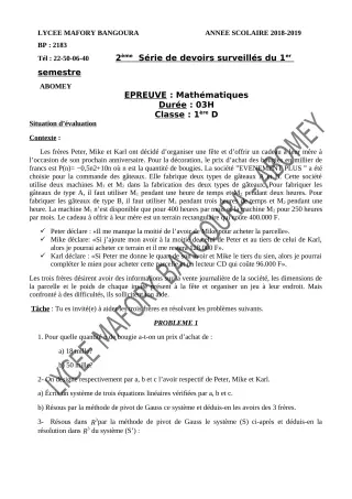 Première page de Mathématiques 1ère D — 2e devoir surveillé, 1er semestre (2018-2019) · Lycée Houegbadja d'Abomey (Ex Mafory Bangoura)