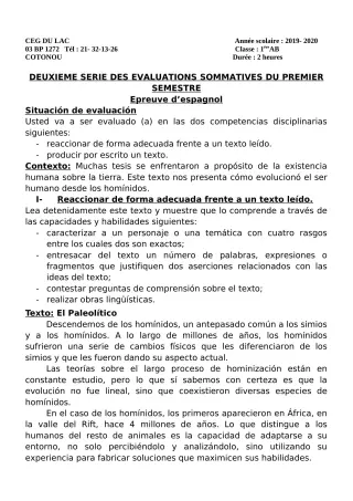 Première page de Espagnol 1ère A2, 1ère B — 2e évaluation sommative, 1er semestre (2019-2020) · CEG du Lac