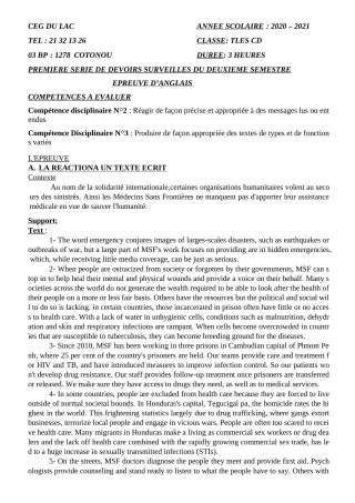 Première page de Anglais Tle C, Tle D — 1er devoir surveillé, 2e semestre (2020-2021) · CEG du Lac