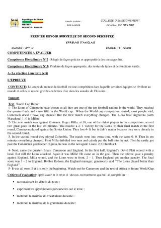 Première page de Anglais 2nde D — 1er devoir surveillé, 2e semestre (2021-2022) · CEG SEKERE