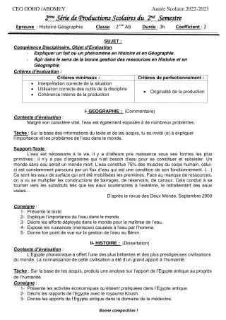 Première page de Histoire-Géographie 2nde A & B — 2e production scolaire, 2e semestre (2022-2023) · CEG GOHO