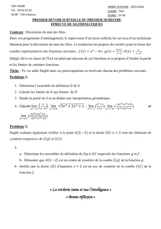 Première page de Mathématiques Tle A2 — 1er devoir surveillé, 1er semestre (2023-2024) · CEG Yagbe