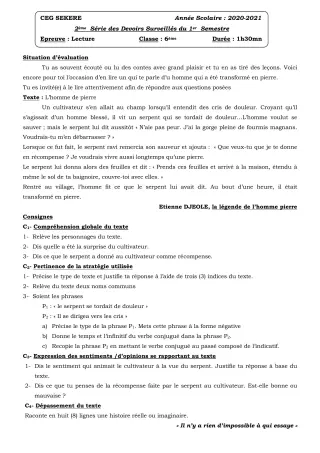Première page de Français 6e — 2e devoir surveillé, 1er semestre (2020-2021) · CEG SEKERE