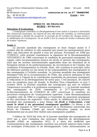 Première page de Français 1ère A2, 1ère B, 1ère C, 1ère D — 1re composition, 2e trimestre (2019-2020) · CPEG LICA