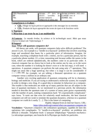 Première page de Anglais 1ère D — 2e devoir surveillé, 1er semestre (2022-2023) · CEG POSSOTOME
