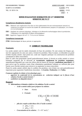 Première page de PCT Tle D — Évaluation sommative, 2e semestre (2019-2020) · CEG Kouhounou-Vêdoko