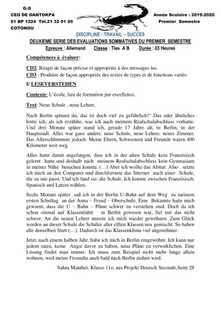 Première page de Allemand 4e ML&MC, Tle A2, Tle B — 2e évaluation sommative, 1er semestre (2019-2020) · CEG Dantokpa