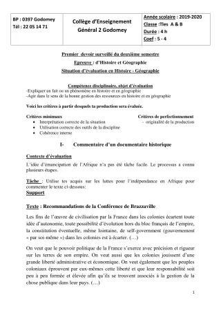 Première page de Histoire-Géographie Tle A2, Tle B, Tle EFS — 1er devoir surveillé, 2e semestre (2019-2020) · CEG2 Godomey