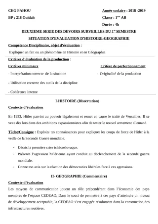 Première page de Histoire-Géographie 1ère A1, 1ère A2, 1ère B — 2e devoir surveillé, 1er semestre (2018-2019) · CEG PAHOU