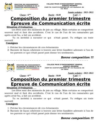 Première page de Français 6e, 5e, 4e, 4e ML, 3e, 3e ML, 1ère A2, 1ère B, 1ère D — 1re composition, 1er trimestre (2021-2022) · CPEG AGBOZO MEGBEDJI