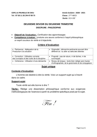 Première page de Philosophie 2nde B, 2nde D — 2e devoir surveillé, 2e trimestre (2020-2021) · CEPG La Prunelle de Dieu