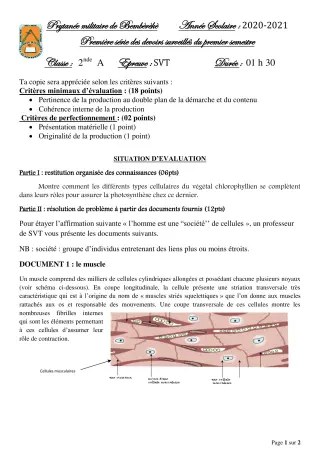 Première page de SVT 2nde A1, 2nde C — 1er devoir surveillé, 1er semestre (2020-2021) · PMB