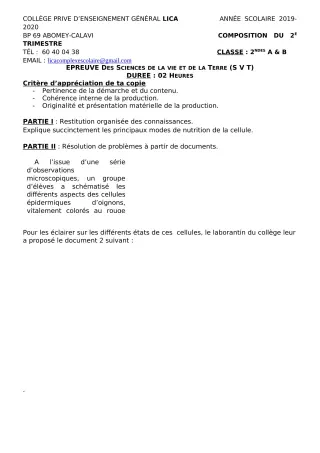 Première page de SVT 2nde A2, 2nde B — 1re composition, 2e trimestre (2019-2020) · CPEG LICA