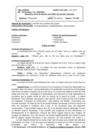 Première page de Philosophie Tle A1, Tle A2, Tle B — 2e devoir surveillé, 1er semestre (2021-2022) · CEG ZONGO