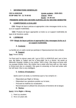Première page de Anglais 6e — 1er devoir surveillé, 2e semestre (2020-2021) · CEG LE NOKOUE