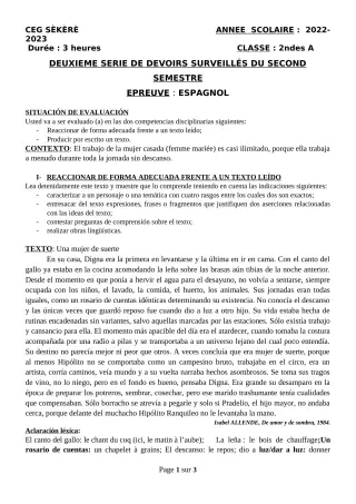 Première page de Espagnol 2nde A2 — 2e devoir surveillé, 2e semestre (2022-2023) · CEG SEKERE