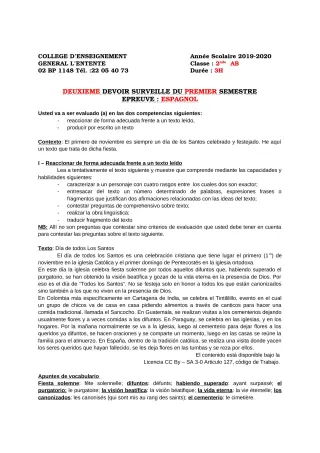 Première page de Espagnol 2nde A2, 2nde B — 2e devoir surveillé, 1er semestre (2019-2020) · CEG L'Entente