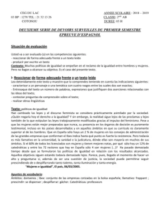 Première page de Espagnol 2nde A, 2nde B — 2e devoir surveillé, 1er semestre (2018-2019) · CEG du Lac
