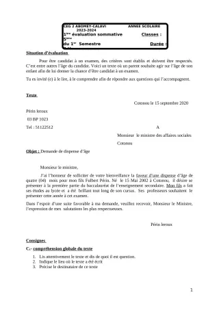 Première page de Français 5e — 1re évaluation sommative, 1er semestre (2023-2024) · CEG2 ABOMEY - CALAVI (CEG ZOCA)