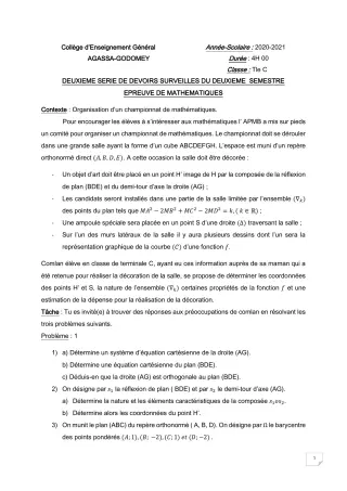 Première page de Mathématiques Tle C — 2e devoir surveillé, 2e semestre (2020-2021) · CEG Agassa Godomey
