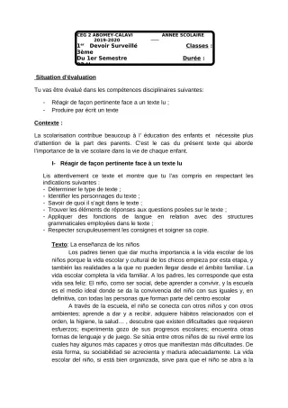 Première page de Espagnol 3e ML — 1er devoir surveillé, 1er semestre (2018-2019) · CEG2 ABOMEY - CALAVI (CEG ZOCA)
