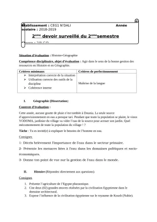 Première page de Histoire-Géographie Tle A2 — 2e devoir surveillé (2018-2019) · CEG 1 N'Dali