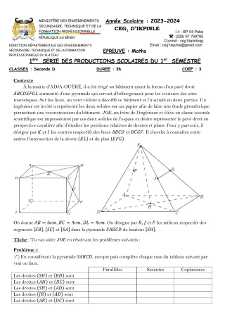 Première page de Mathématiques 2nde D — 1re production scolaire, 1er semestre (2023-2024) · CEG1 Ikpinlè