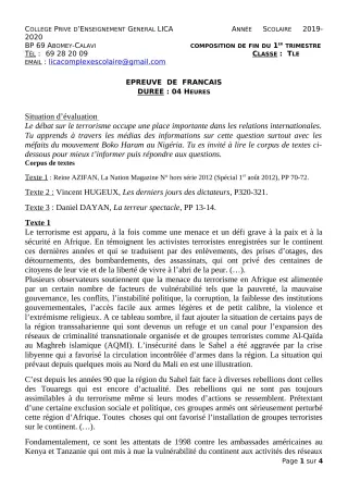 Première page de Français Tle A2, Tle B, Tle C, Tle D — Composition, 1er trimestre (2019-2020) · CPEG LICA