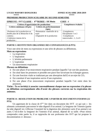 Première page de SVT 6e — 1re production scolaire, 2e semestre (2018-2019) · Lycée Houegbadja d'Abomey (Ex Mafory Bangoura)