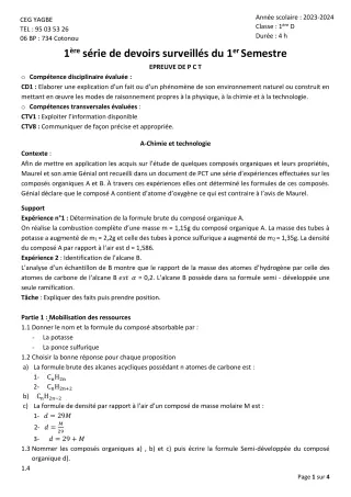 Première page de PCT 1ère D — 1er devoir surveillé, 1er semestre (2023-2024) · CEG Yagbe