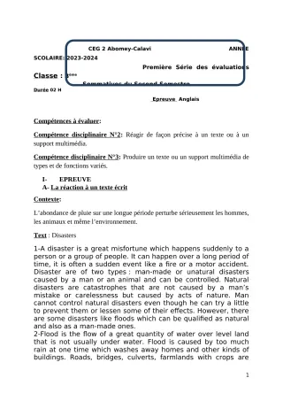 Première page de Anglais 3e — 1re évaluation sommative, 2e semestre (2023-2024) · CEG2 ABOMEY - CALAVI (CEG ZOCA)