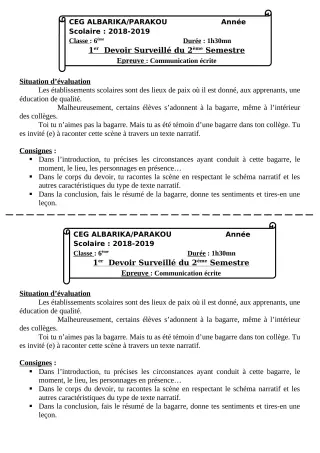 Première page de Français 6e, 5e, 4e, 4e ML, 3e, 3e ML, 2nde A, 2nde B, 2nde C, 2nde D, 1ère A1, 1ère A2, 1ère B, 1ère C, 1ère D, Tle A1, Tle A2, Tle B, Tle C, Tle D — Devoir surveillé, 2e semestre (2018-2019) · CEG A