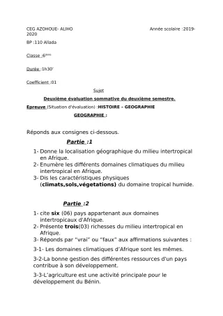 Première page de Histoire-Géographie 6e — 2e évaluation sommative, 2e semestre (2019-2020) · CEG AZOHOUE-ALIHO