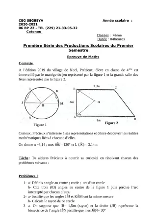 Première page de Mathématiques 4e — 1re production scolaire, 1er semestre (2020-2021) · CEG SEGBEYA