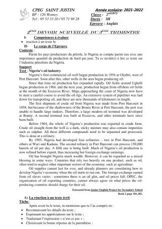 Première page de Anglais 2nde A2, 2nde B, 2nde C, 2nde D — 2e devoir surveillé, 3e trimestre (2021-2022) · CPEG SAINT Justin