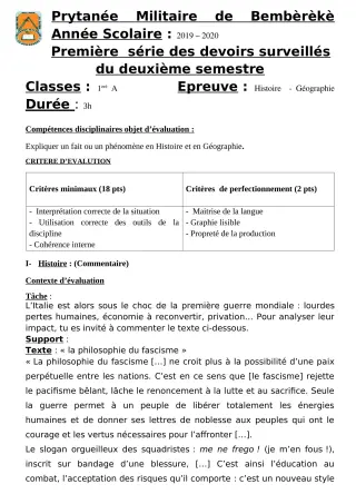 Première page de Histoire-Géographie 1ère A1, 1ère A2 — 1er devoir surveillé, 2e semestre (2019-2020) · PMB
