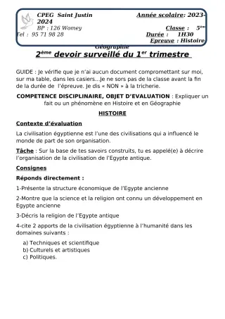Première page de Histoire-Géographie 5e, 4e — Devoir surveillé, 1er trimestre (2023-2024) · CPEG SAINT Justin