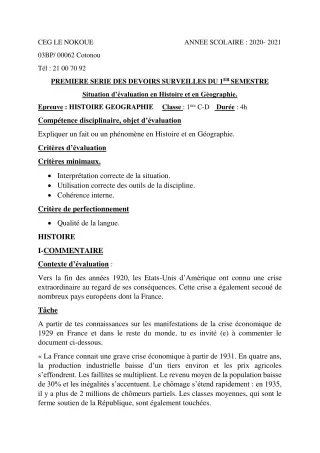 Première page de Histoire-Géographie 1ère A1, 1ère A2, 1ère B — 1er devoir surveillé, 1er semestre (2020-2021) · CEG LE NOKOUE