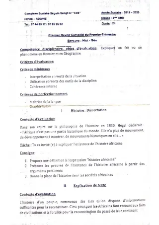 Première page de Histoire-Géographie 2nde A2, 2nde B, 2nde D — 1er devoir surveillé (2019-2020) · CPEG SEGUIN SENGHOR