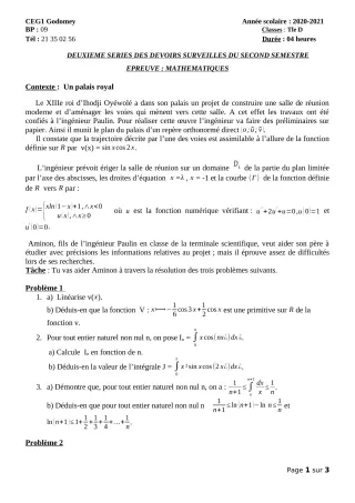 Première page de Mathématiques Tle D — 2e devoir surveillé, 2e semestre (2020-2021) · CEG1 GODOMEY
