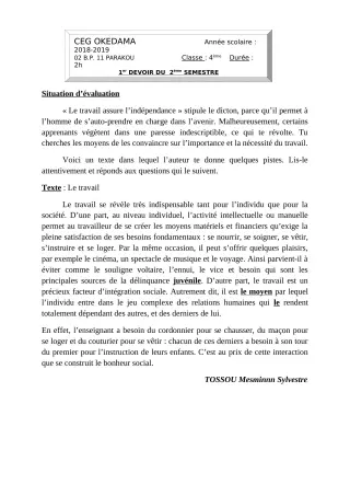 Première page de Français 4e ML — 1er devoir surveillé, 2e semestre (2018-2019) · CEG OKEDAMA